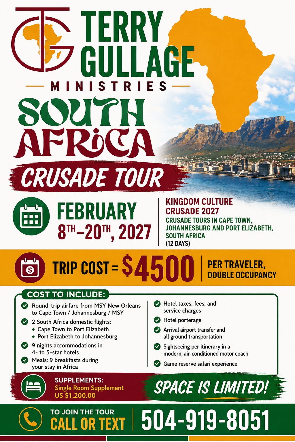 Terry Gullage Ministries South Africa Crusade Tour — February 8–20, 2027